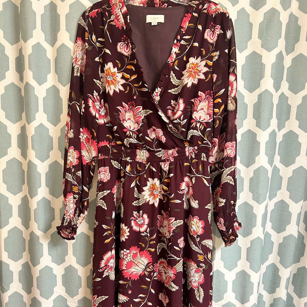 Loft maroon floral midi dress